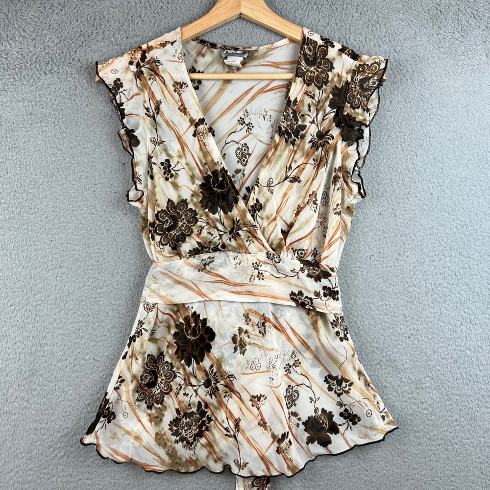 Rave Womens Floral Surplice Wrap Top Brown Tan Flutter Sleeve Y2K Large T12536GG